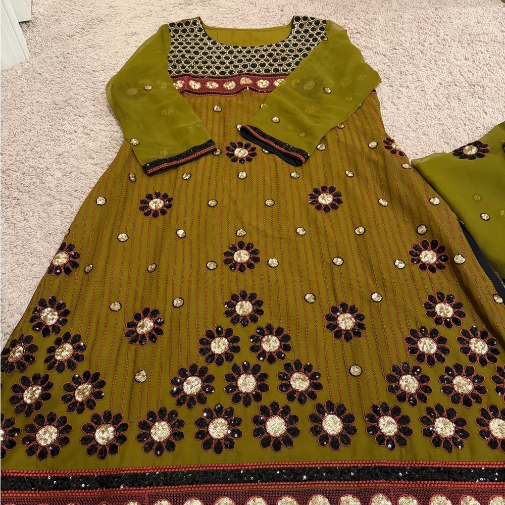 Olive Green and Black Sequin 3 Piece Salwar Kameez Suit